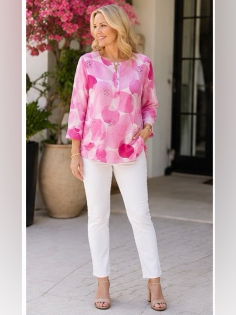 TERRA by SJ Apparel abstract print linen blend tunic. Bright pinks. Size M